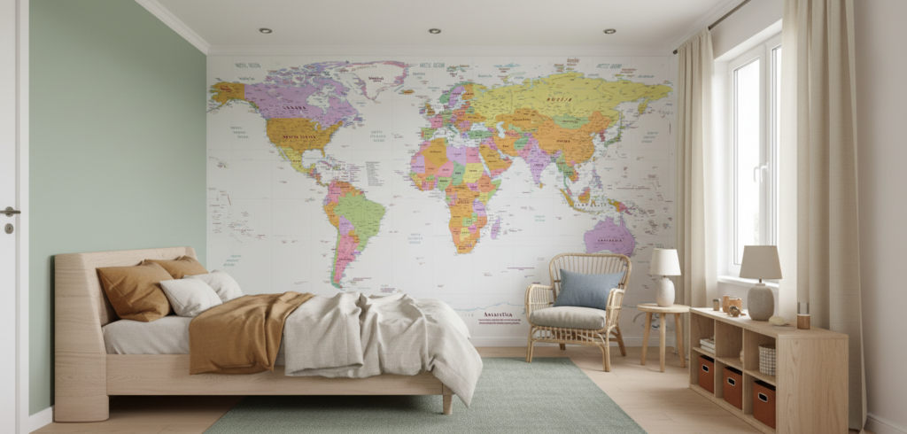 Papier peint carte du monde colorée politique détaillée - Chambre enfant
