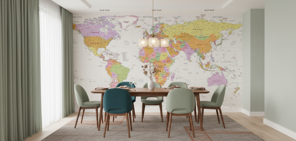 Papier peint carte du monde colorée politique détaillée - Salle à manger