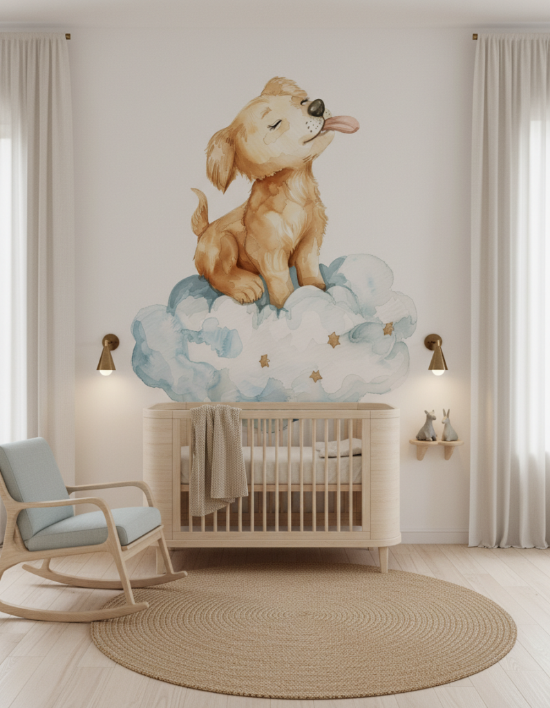 Papier Peint Chiot Adorable sur Nuages Étoilés Aquarelle Enfant - Chambre bébé