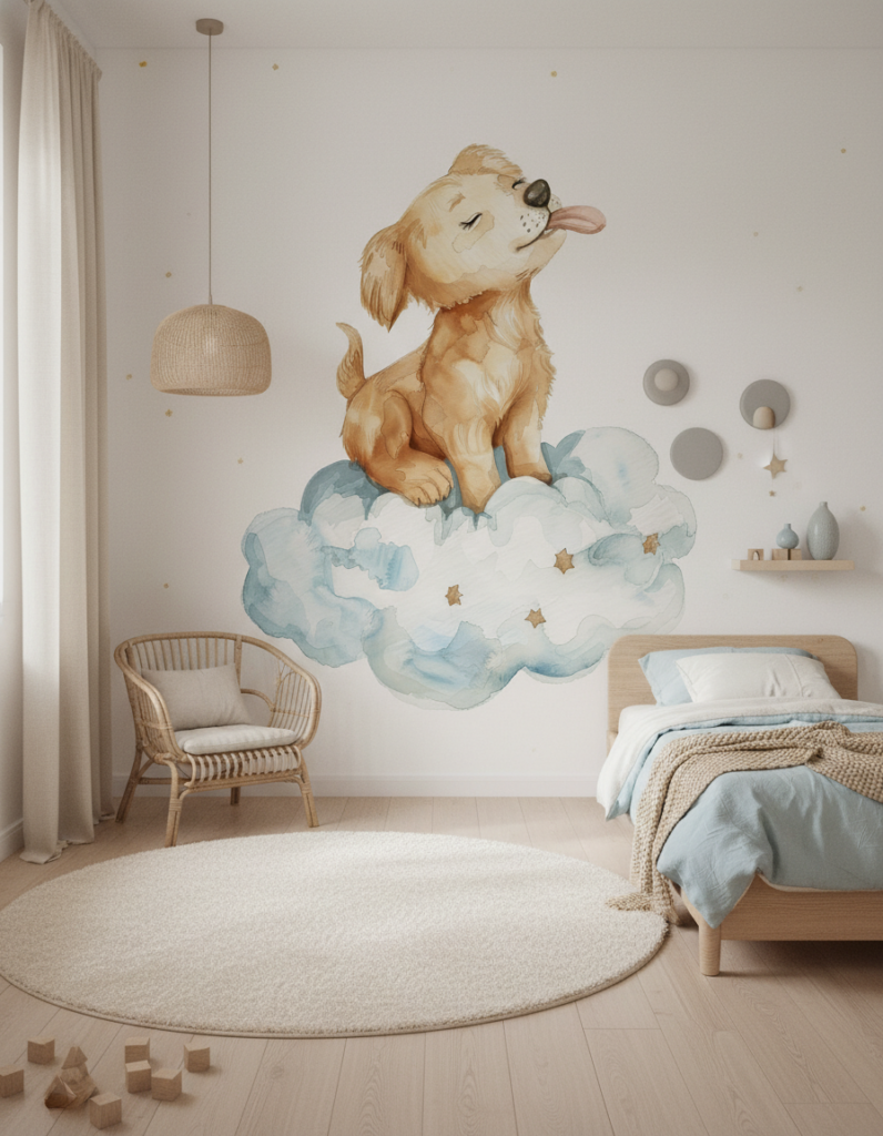 Papier Peint Chiot Adorable sur Nuages Étoilés Aquarelle Enfant - Chambre enfant