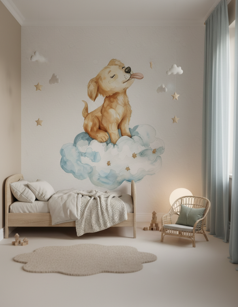 Papier Peint Chiot Adorable sur Nuages Étoilés Aquarelle Enfant - Espace enfant (pro)