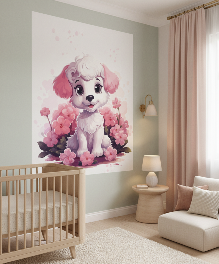 Papier peint chiot mignon avec fleurs roses style kawaii enfant - Chambre bébé