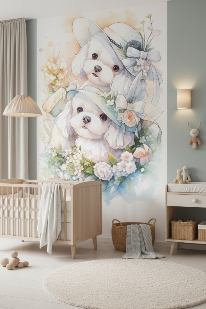 Papier Peint Chiots Maltais Aquarelle Fleurs Pastels Décoratif Enfant - Chambre bébé