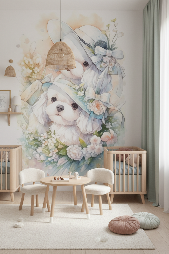 Papier Peint Chiots Maltais Aquarelle Fleurs Pastels Décoratif Enfant - Chambre enfant