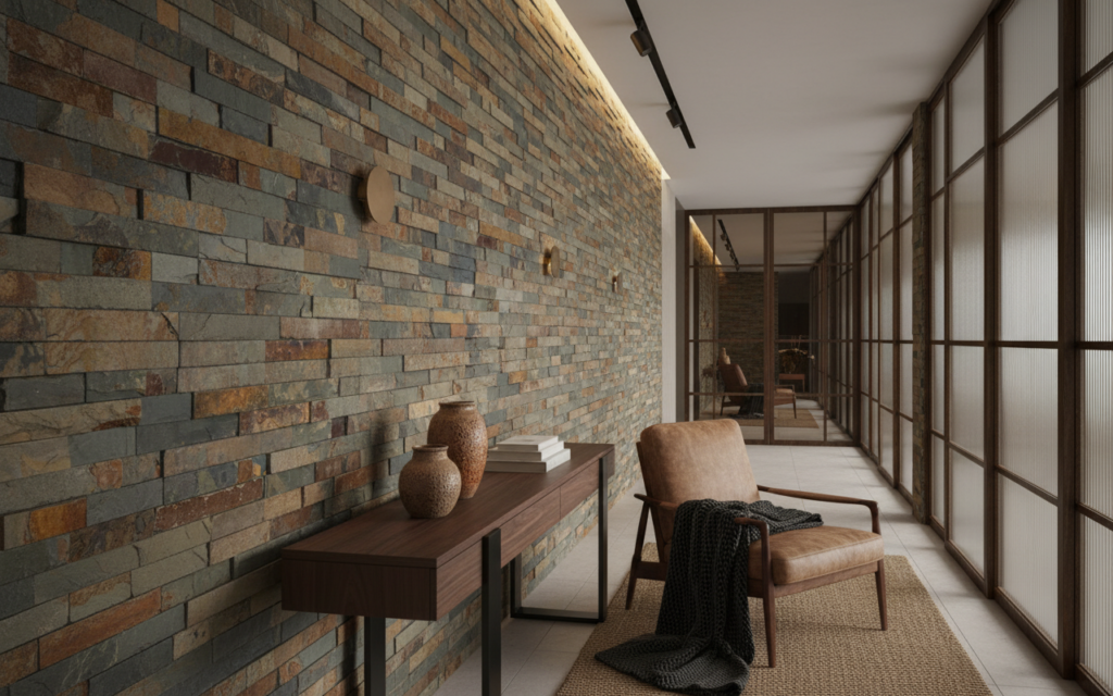 Papier Peint Effet Pierre Naturelle Ardoise et Rouille Texturé - Couloir