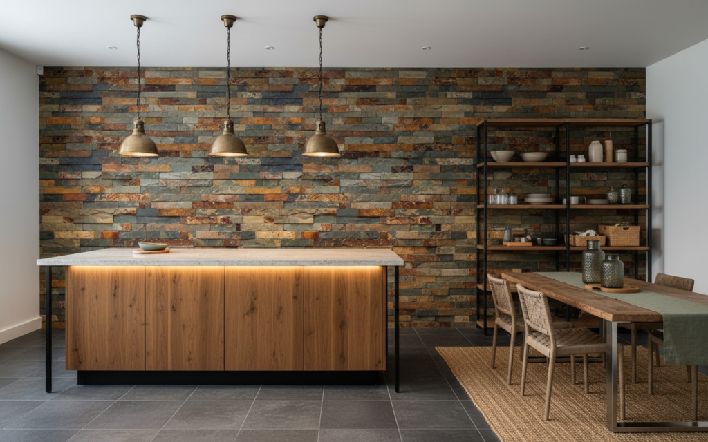 Papier Peint Effet Pierre Naturelle Ardoise et Rouille Texturé - Cuisine