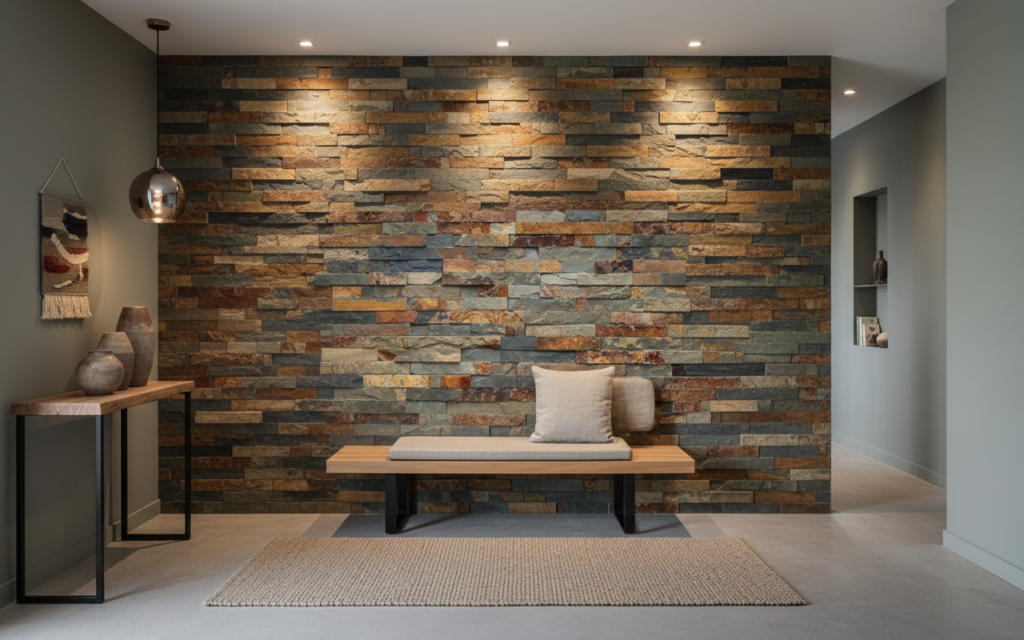 Papier Peint Effet Pierre Naturelle Ardoise et Rouille Texturé - Entrée