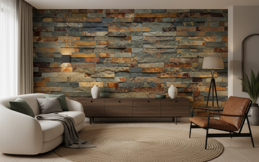 Papier Peint Effet Pierre Naturelle Ardoise et Rouille Texturé - Salon / Séjour