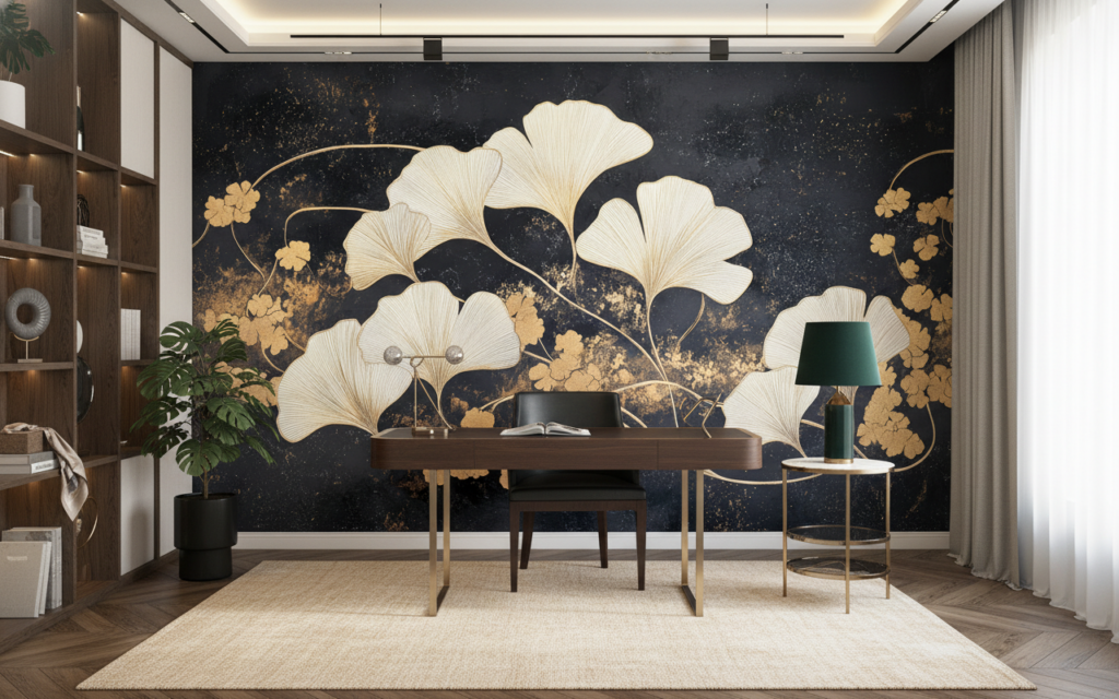 Papier peint élégant ginkgo dorés sur fond noir texturé - Bureau