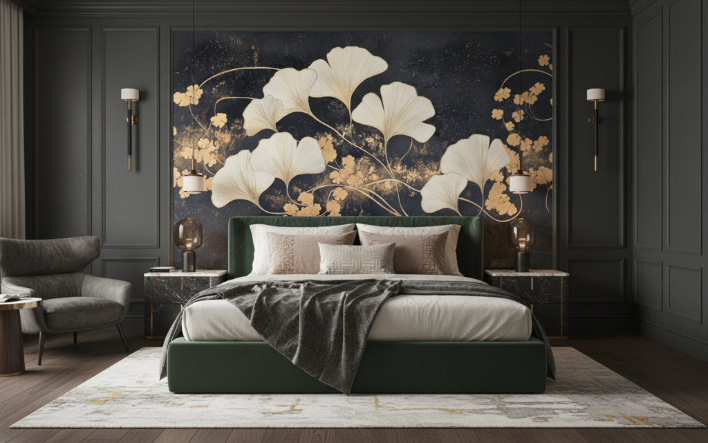 Papier peint élégant ginkgo dorés sur fond noir texturé - Chambre adulte