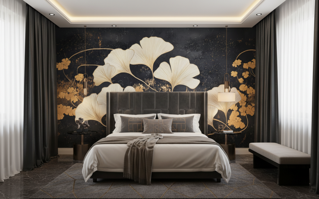 Papier peint élégant ginkgo dorés sur fond noir texturé - Hôtel