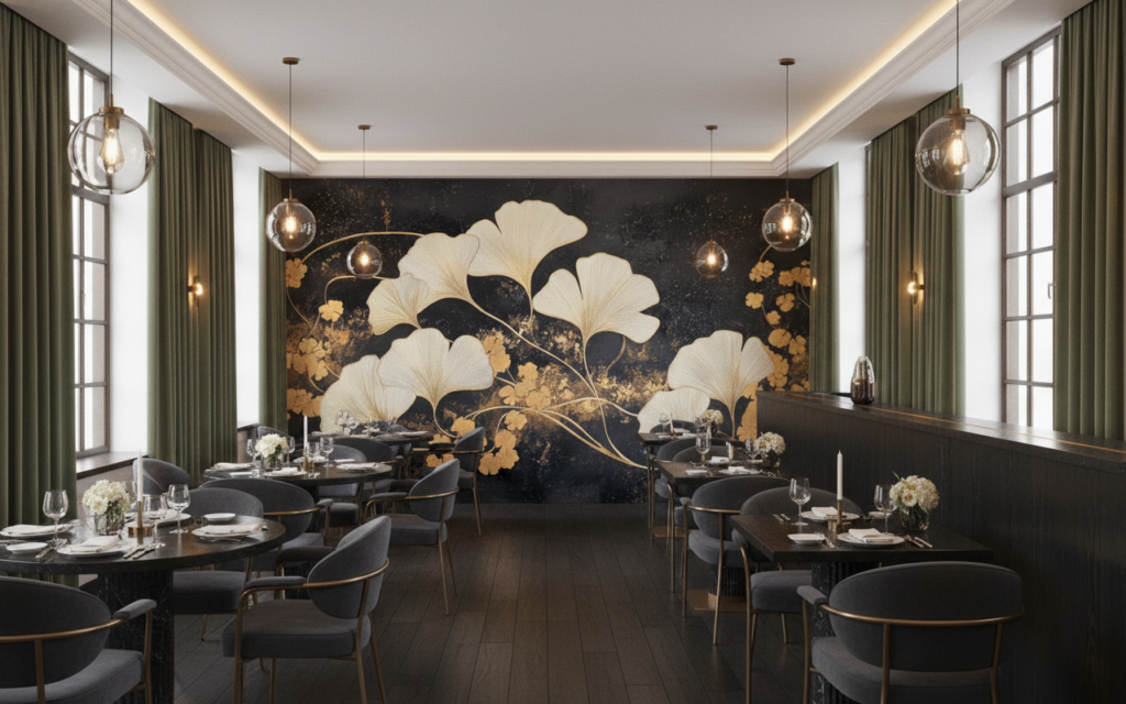 Papier peint élégant ginkgo dorés sur fond noir texturé - Restaurant