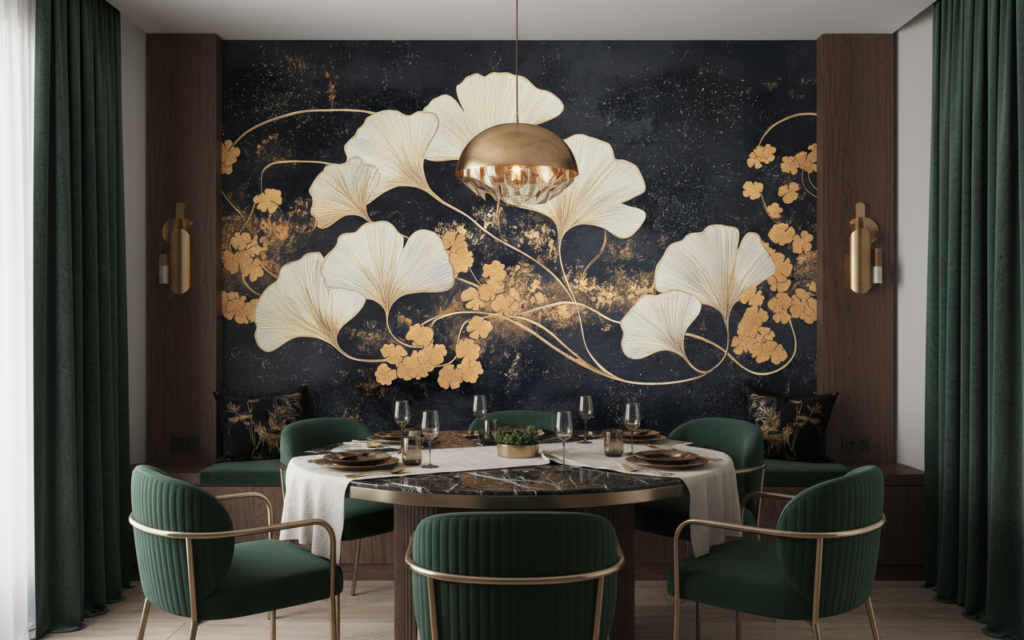Papier peint élégant ginkgo dorés sur fond noir texturé - Salle à manger
