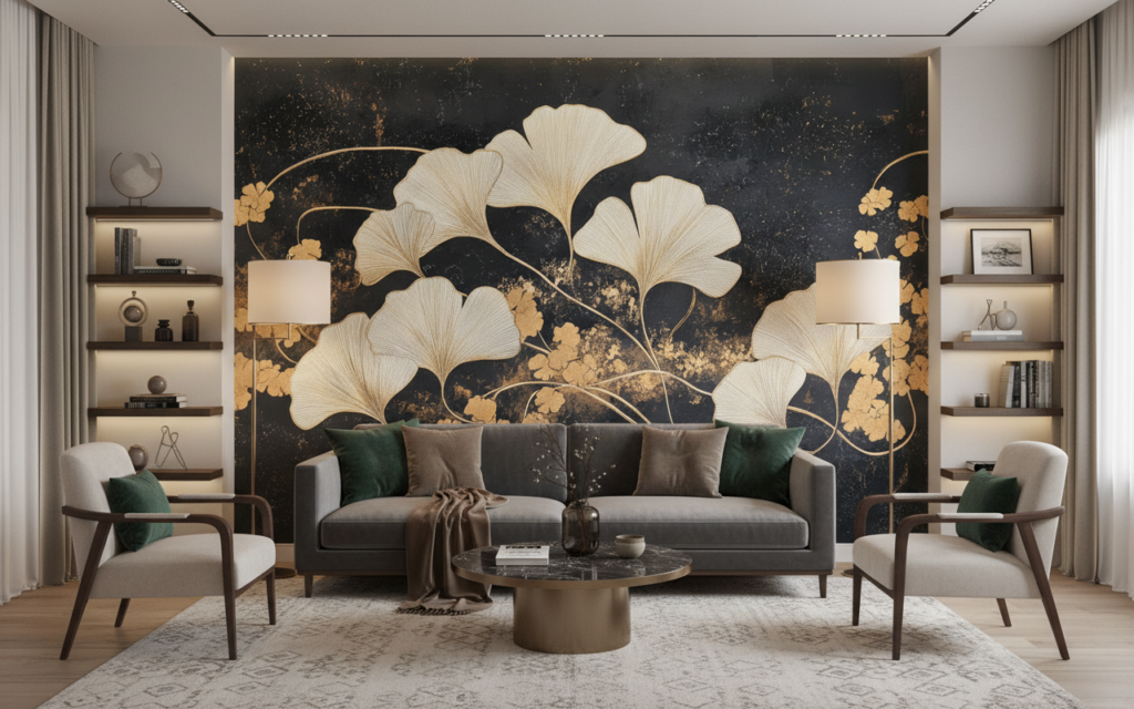 Papier peint élégant ginkgo dorés sur fond noir texturé - Salon / Séjour