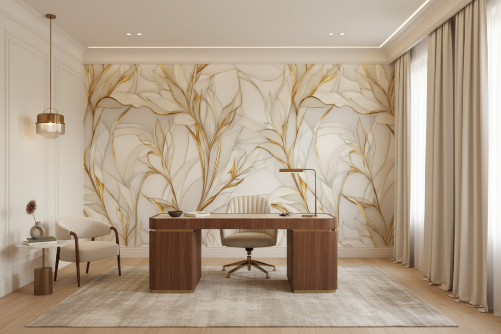 Papier Peint Élégant Motifs Floraux Dorés sur Fond Crème - Bureau