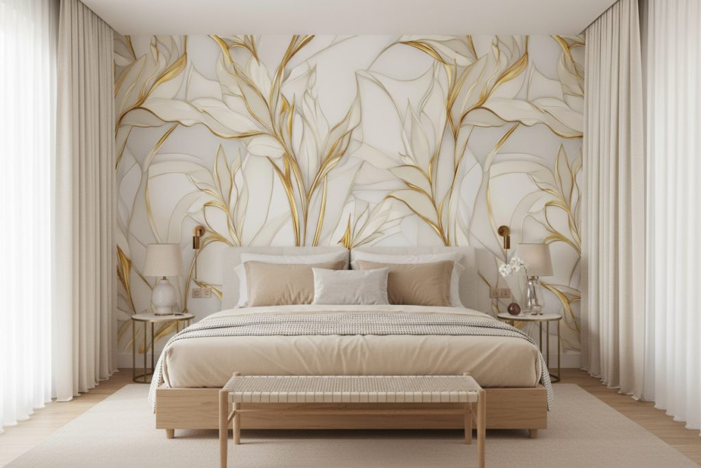 Papier Peint Élégant Motifs Floraux Dorés sur Fond Crème - Chambre adulte