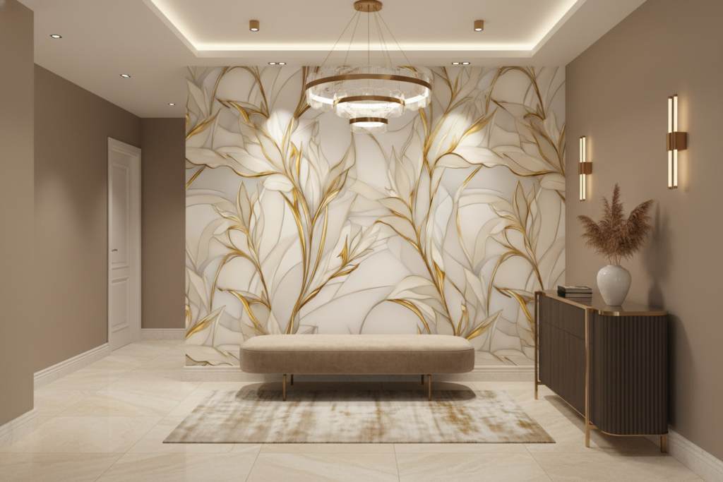 Papier Peint Élégant Motifs Floraux Dorés sur Fond Crème - Entrée