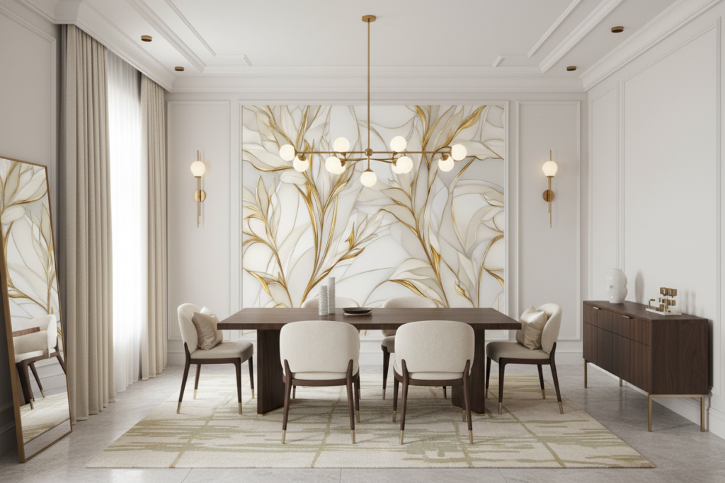 Papier Peint Élégant Motifs Floraux Dorés sur Fond Crème - Salle à manger