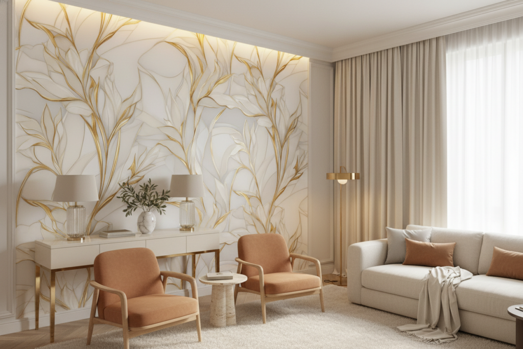 Papier Peint Élégant Motifs Floraux Dorés sur Fond Crème - Salon / Séjour