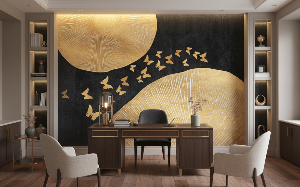 Papier peint élégant papillons dorés sur fond noir texturé - Bureau