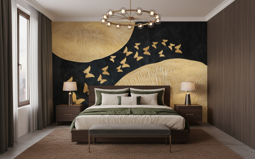 Papier peint élégant papillons dorés sur fond noir texturé - Chambre adulte