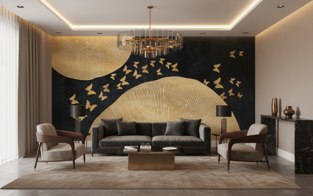 Papier peint élégant papillons dorés sur fond noir texturé - Hôtel