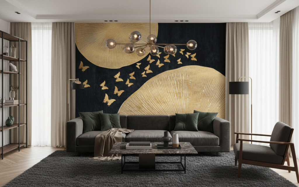 Papier peint élégant papillons dorés sur fond noir texturé - Salon / Séjour