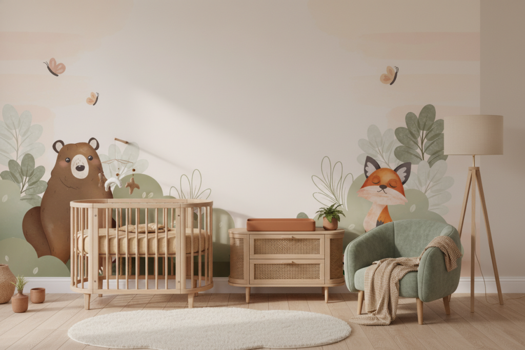 Papier peint enfant forêt enchantée avec ours et renard - Chambre bébé