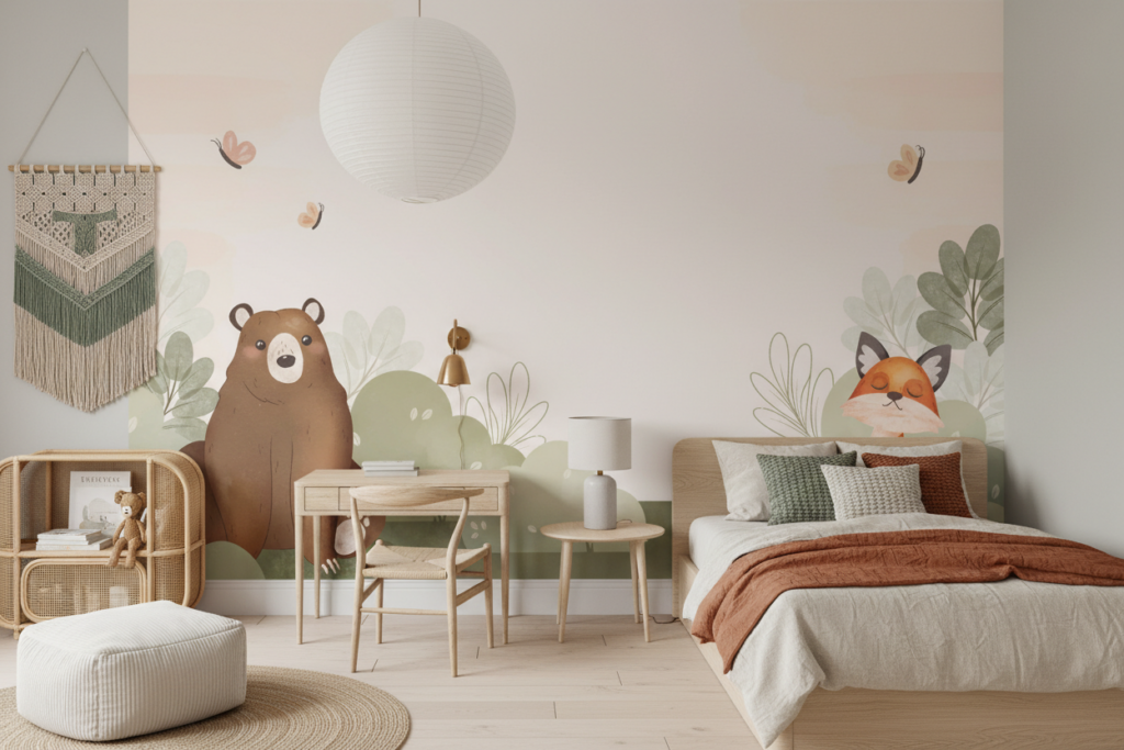 Papier peint enfant forêt enchantée avec ours et renard - Chambre enfant