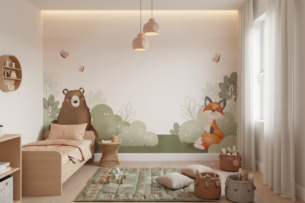 Papier peint enfant forêt enchantée avec ours et renard - Espace enfant (pro)