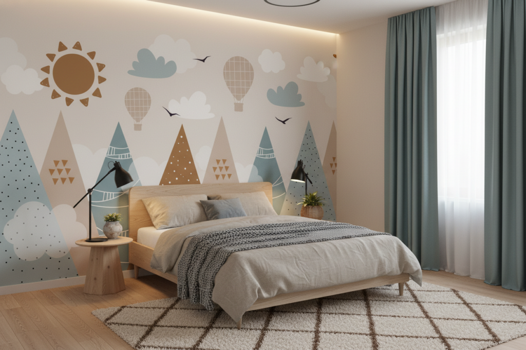 Papier peint enfant montagnes et montgolfières style scandinave doux - Chambre ado