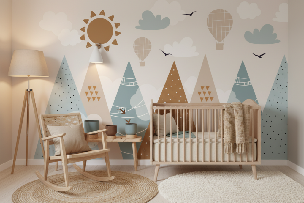 Papier peint enfant montagnes et montgolfières style scandinave doux - Chambre bébé