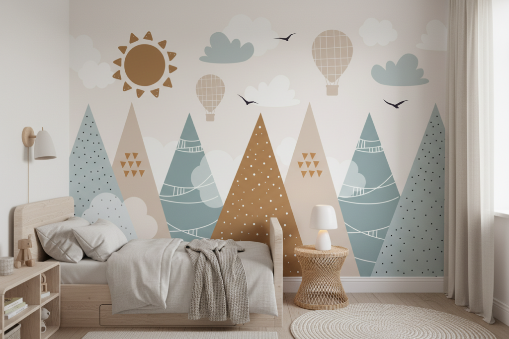 Papier peint enfant montagnes et montgolfières style scandinave doux - Chambre enfant