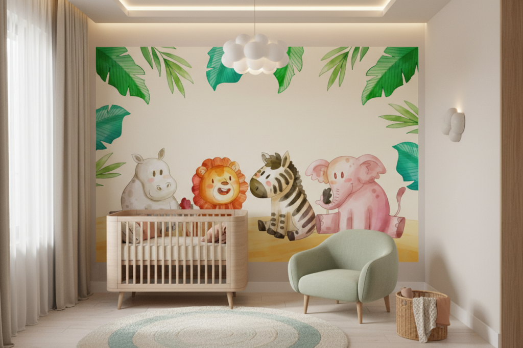 Papier Peint Enfant Safari Animaux Tropicaux Aquarelle Jungle Coloré - Chambre bébé