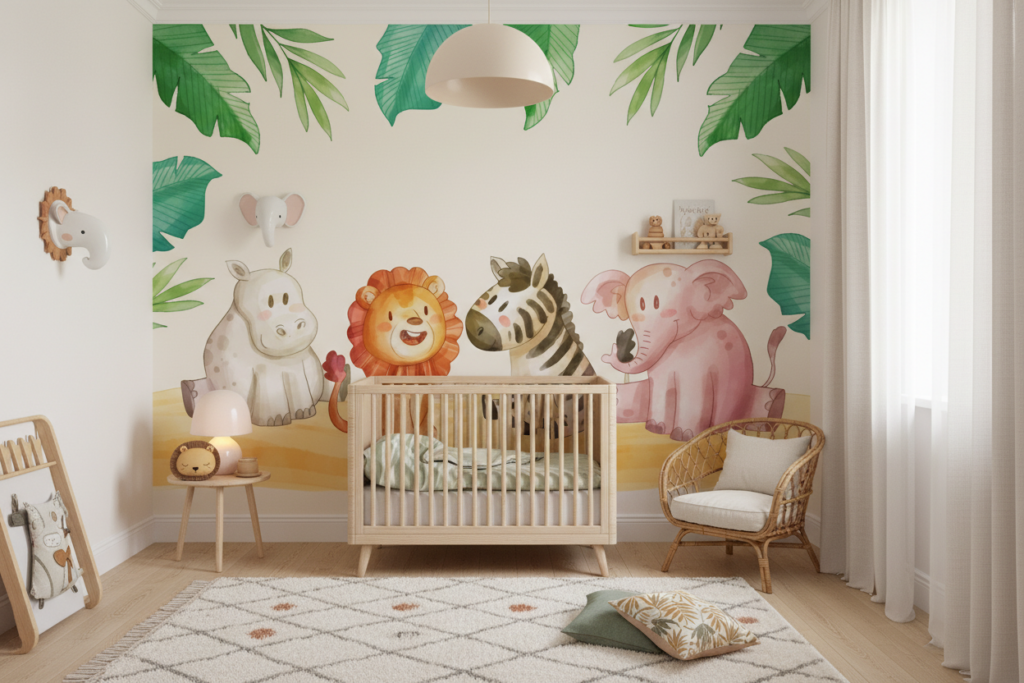 Papier Peint Enfant Safari Animaux Tropicaux Aquarelle Jungle Coloré - Chambre enfant