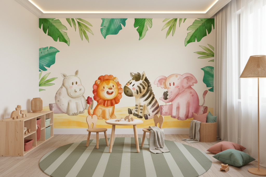 Papier Peint Enfant Safari Animaux Tropicaux Aquarelle Jungle Coloré - Espace enfant (pro)