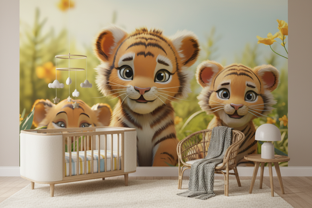 Papier peint enfant tigres mignons dans jardin ensoleillé - Chambre bébé