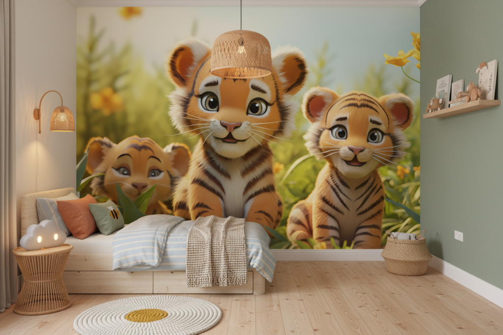 Papier peint enfant tigres mignons dans jardin ensoleillé - Chambre enfant