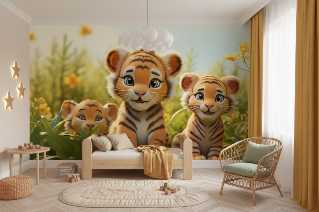 Papier peint enfant tigres mignons dans jardin ensoleillé - Espace enfant (pro)