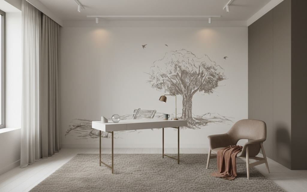 Papier peint esquisse romantique arbre et banc champêtre - Bureau