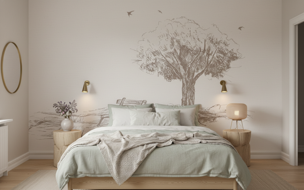 Papier peint esquisse romantique arbre et banc champêtre - Chambre adulte