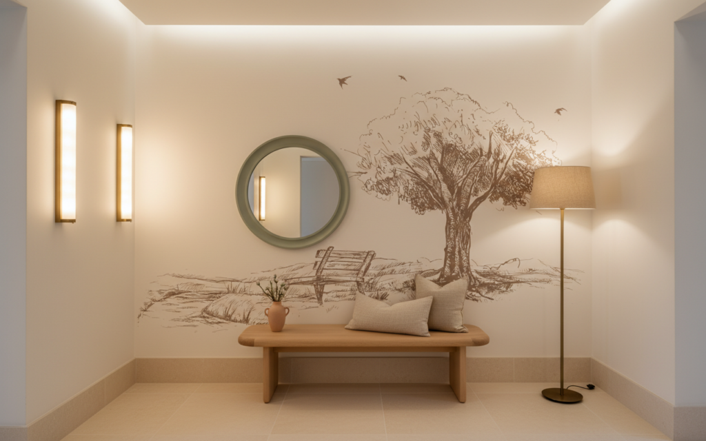 Papier peint esquisse romantique arbre et banc champêtre - Couloir