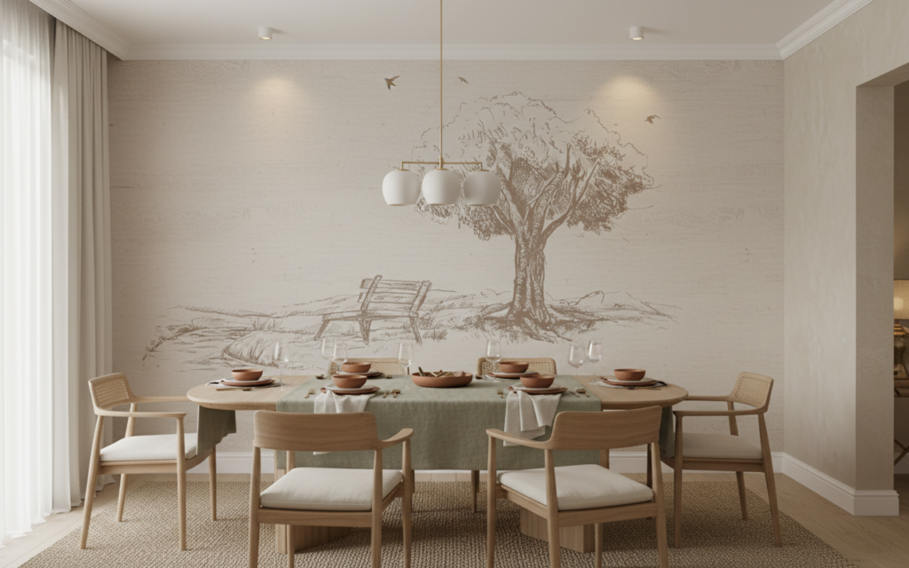 Papier peint esquisse romantique arbre et banc champêtre - Salle à manger