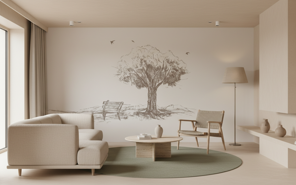 Papier peint esquisse romantique arbre et banc champêtre - Salon / Séjour