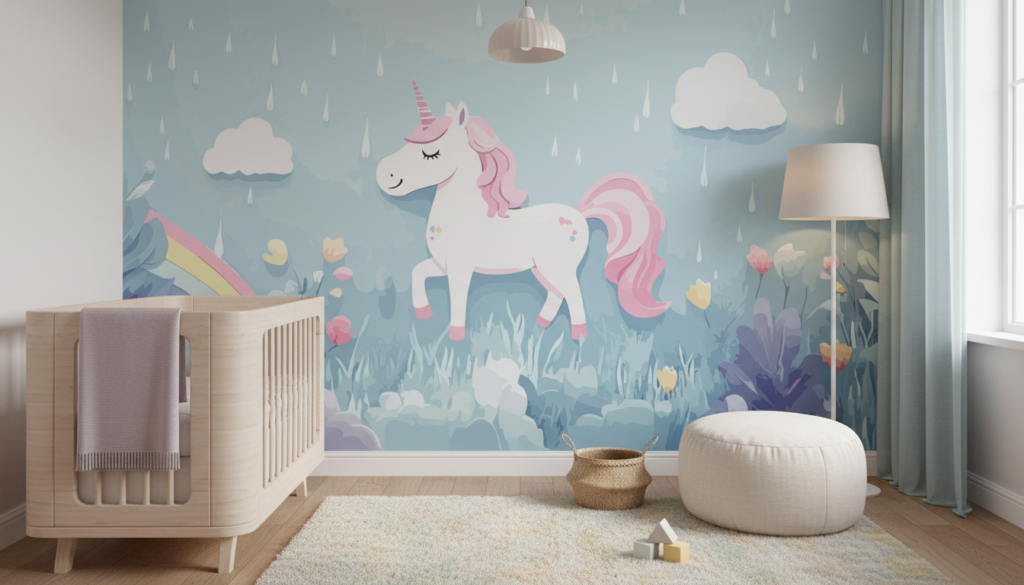 Papier peint féerique licorne rose sous la pluie arc-en-ciel - Chambre bébé