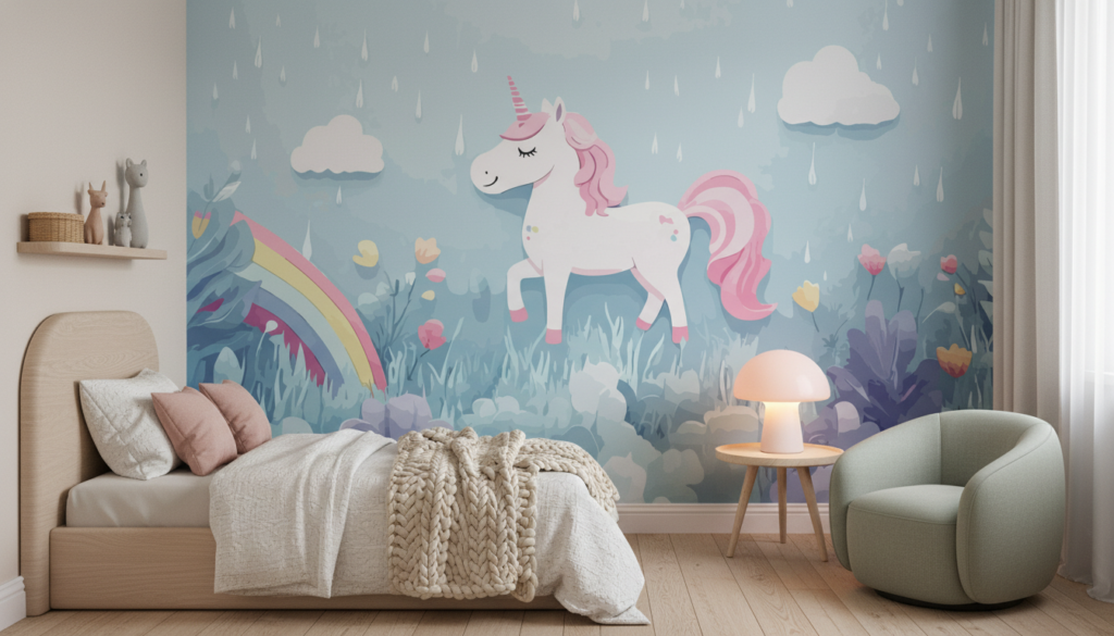 Papier peint féerique licorne rose sous la pluie arc-en-ciel - Chambre enfant