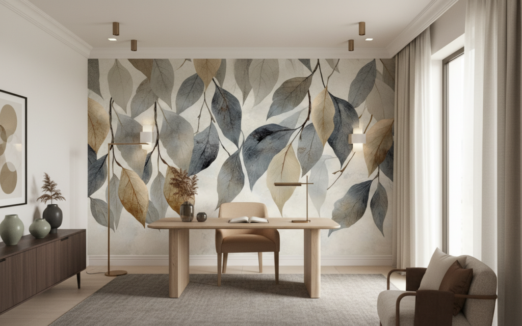 Papier peint feuillage moderne tons naturels beige et gris - Bureau