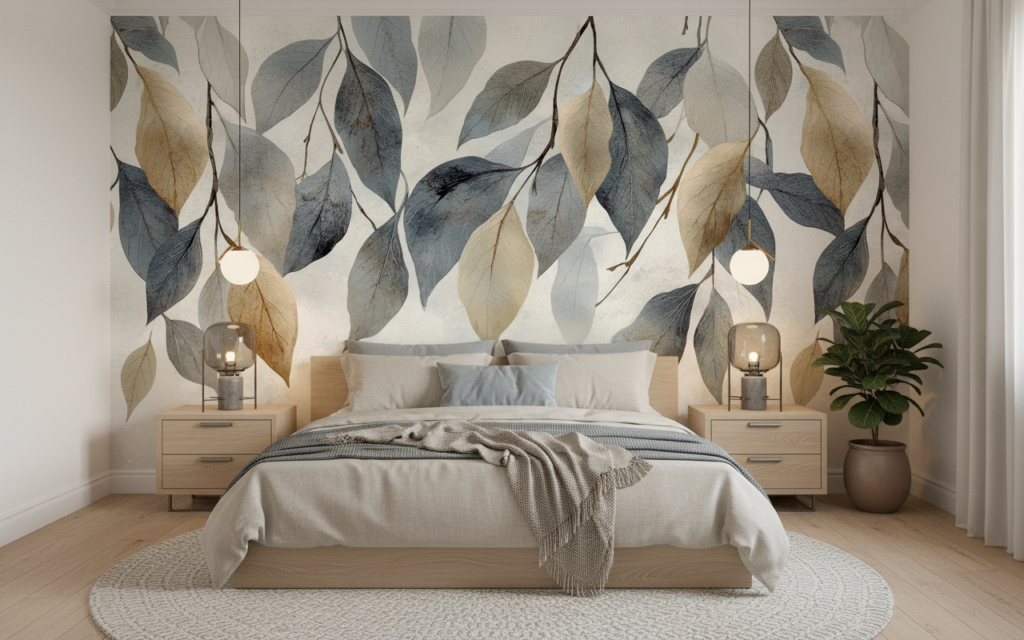 Papier peint feuillage moderne tons naturels beige et gris - Chambre adulte