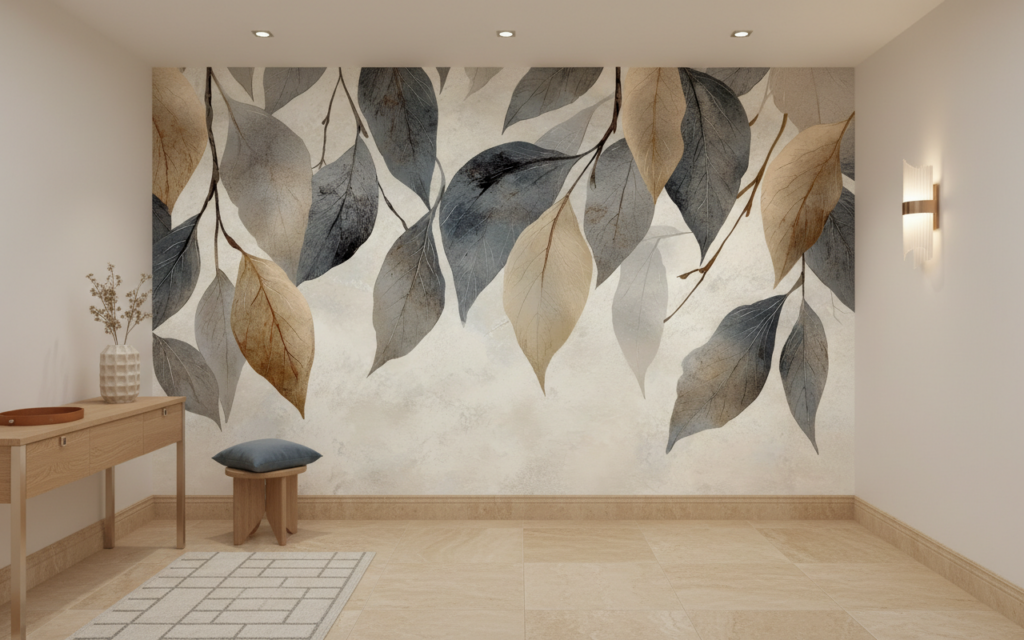 Papier peint feuillage moderne tons naturels beige et gris - Entrée