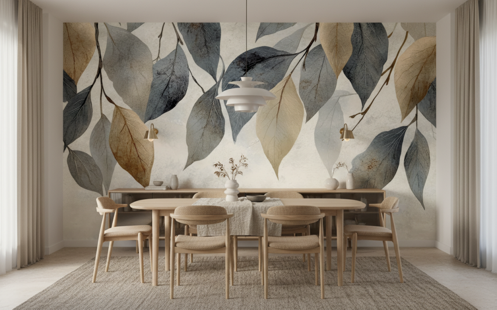 Papier peint feuillage moderne tons naturels beige et gris - Salle à manger